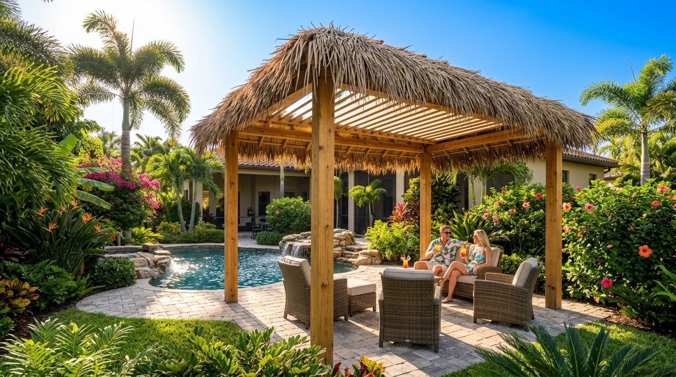 Tiki style pergola with a thatch roof beside a pool