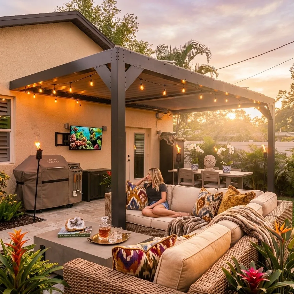 Attached pergola over a lounge and grill area at sunset