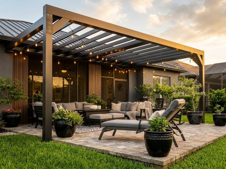 Wood-grain fixed open-beam pergola throwing striped shade across a lounge