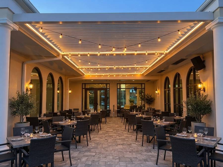 White louvered pergola with warm string lighting over an arched courtyard dining area
