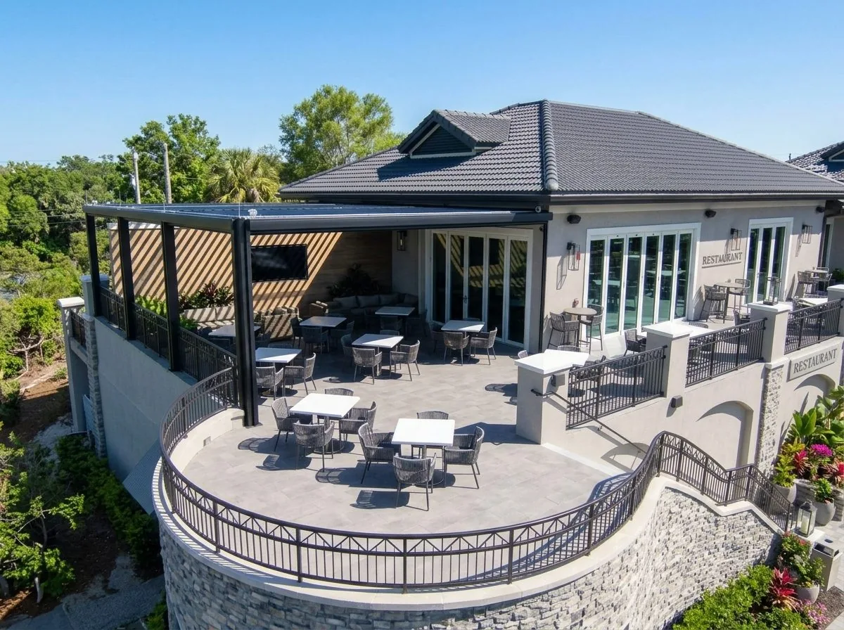 Louvered pergola over a restaurant terrace