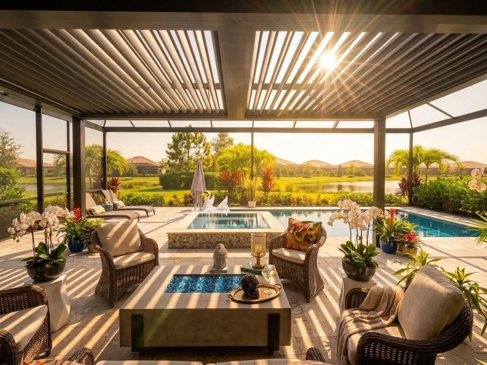 Motorized louvered roof pergola over a patio