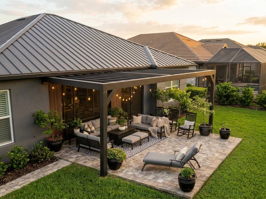 Bronze fixed open-beam pergola with planting brought right up to the posts