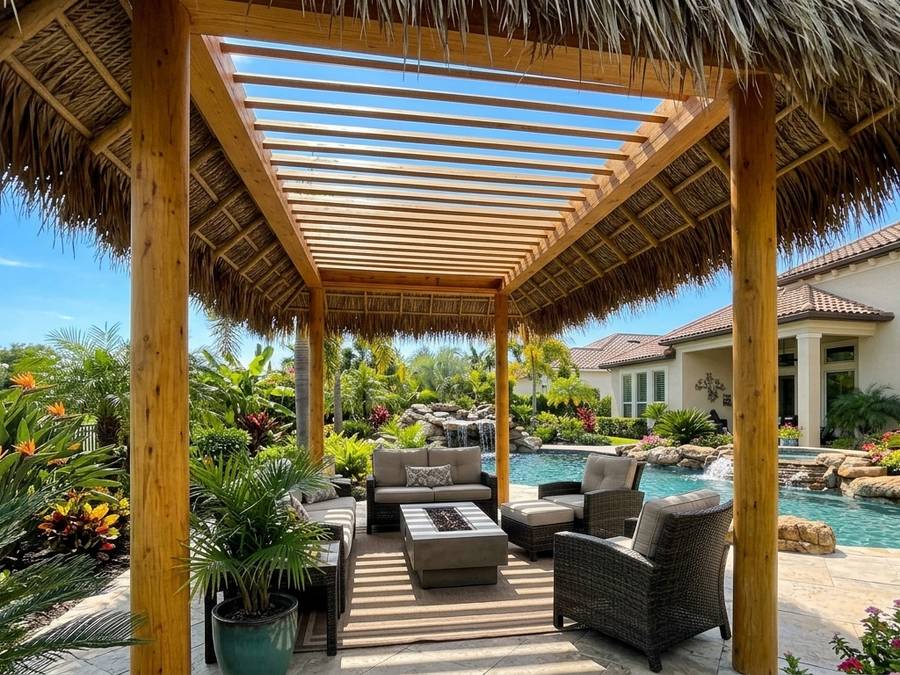 Tiki pergola over a full lounge set beside a rock waterfall