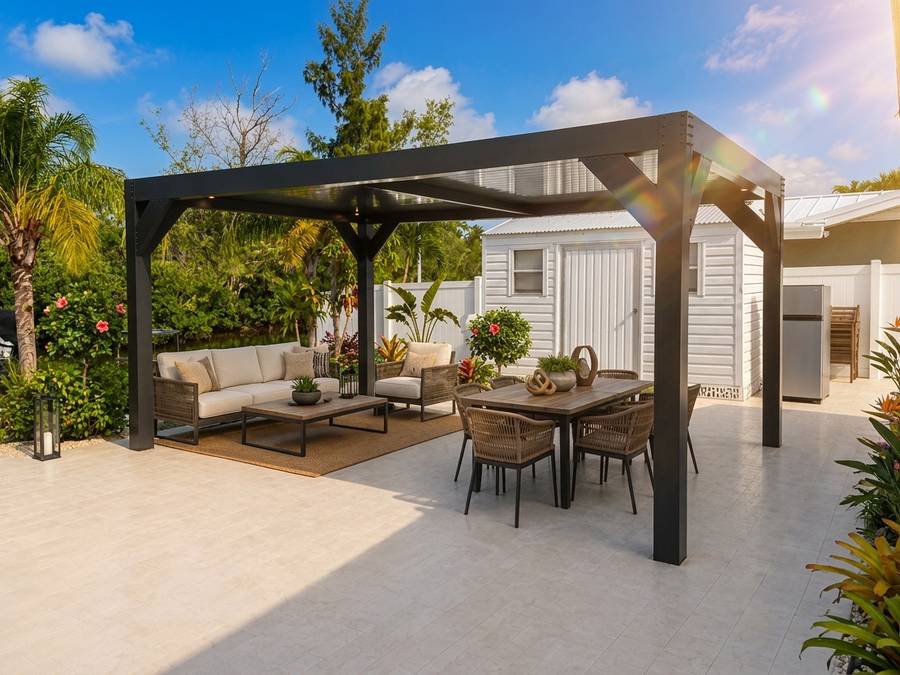 Freestanding matte black louvered pergola set out in a back yard over lounge and dining furniture