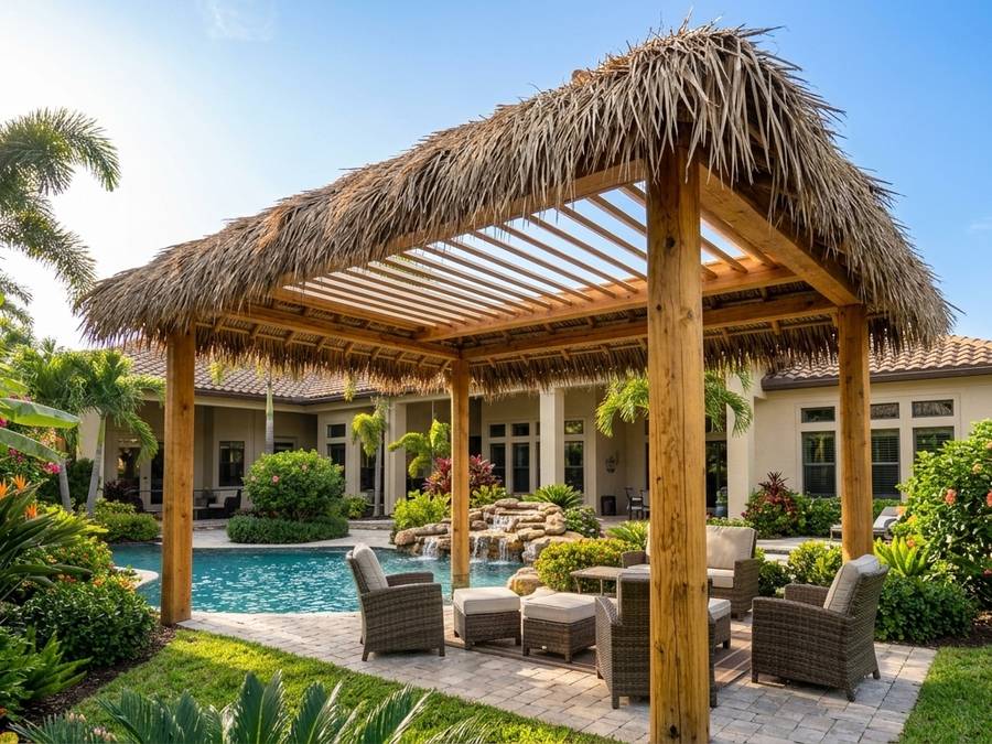 Tiki pergola with a thatch roof over motorized aluminum louvers on a pool deck