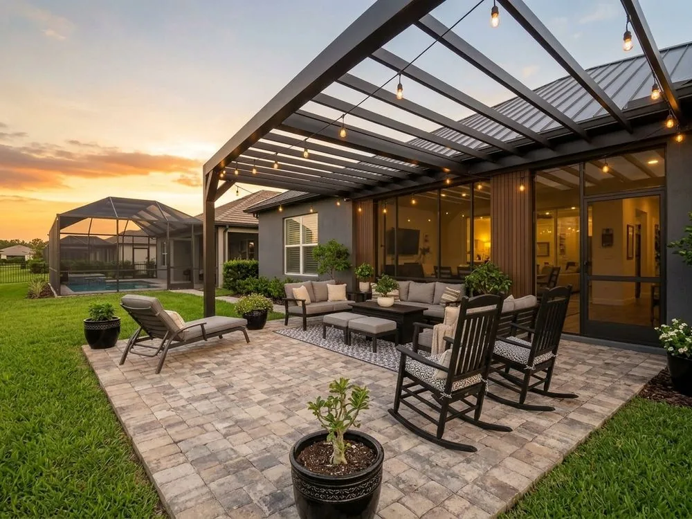 Fixed open-beam roof pergola over a courtyard