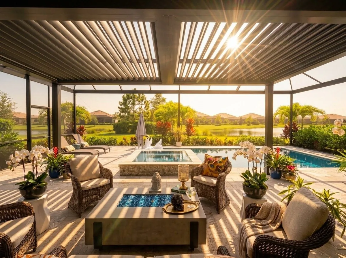 Motorized louvered pergola over a pool lanai