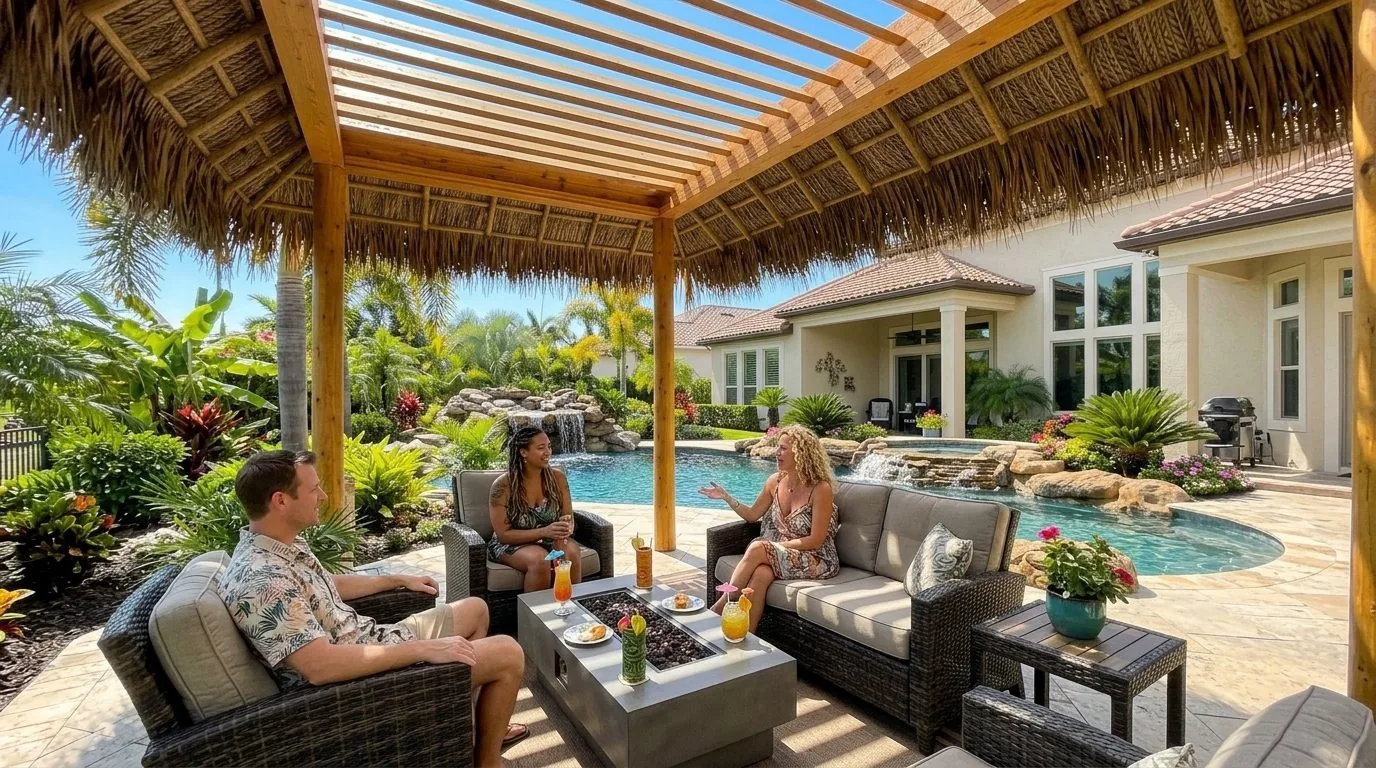 Tiki pergola with a thatch roof over a pool deck