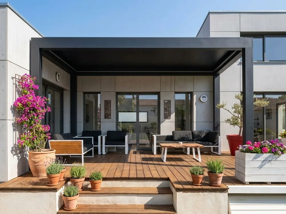 Solid roof pergola over a deck off a modern home