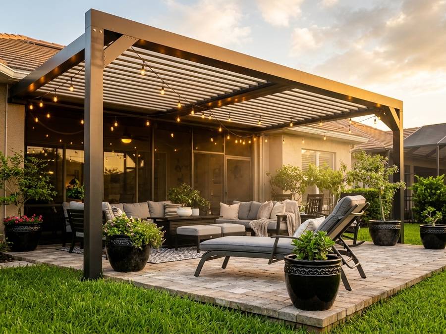 Bronze louvered pergola with lighting run through the beams over an evening patio lounge