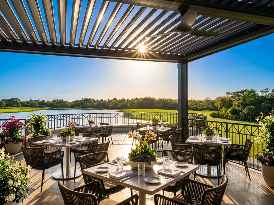 Matte black louvered pergola over open-air rooftop restaurant seating